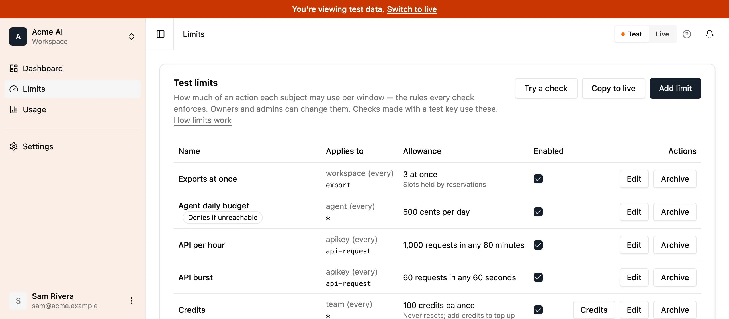 The Limits page in test: an orange bar across the top reads You're viewing test data with a Switch to live link, the toggle at the top right has Test selected, and the Test limits card has Copy to live and Add limit buttons.